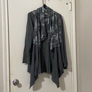 Chalet Draped Open-Front Cardigan in Charcoal Gray with Light Gray Floral Accent
